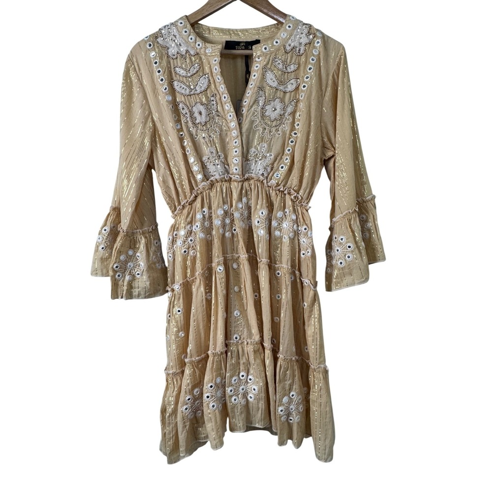 Papa Pia Beige Gold Lurex Mirror Work Tiered Boho Mini Dress Free Size/OS NEW